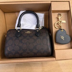 Coach Signature Brown and Black Mini Rowan Satchel with Heart Keychain